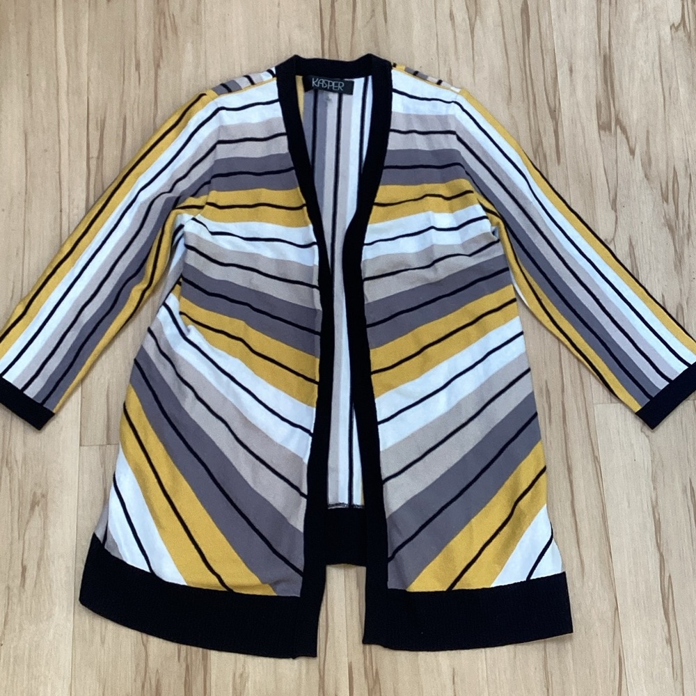 Kasper Multicolor Black‎ Yellow Gold Grey Taupe 3/4 Sleeve Striped Open Cardigan